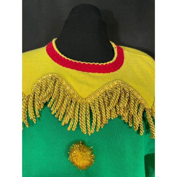 Ugly Elf Christmas Sweater, Blizzard Bay, Pom Poms, Tassels & Belt, Large - Picture 5 of 10